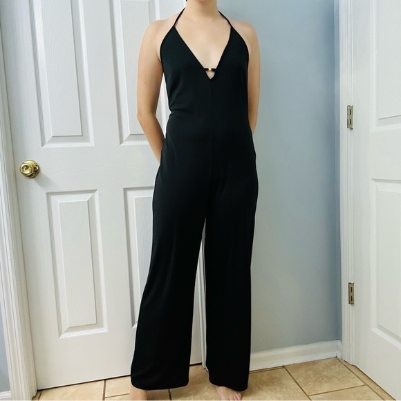 Victoria’s Secret Jumpsuit Black Halter Wide Leg Sexy Lounge V-Neck Medium - Picture 1 of 9